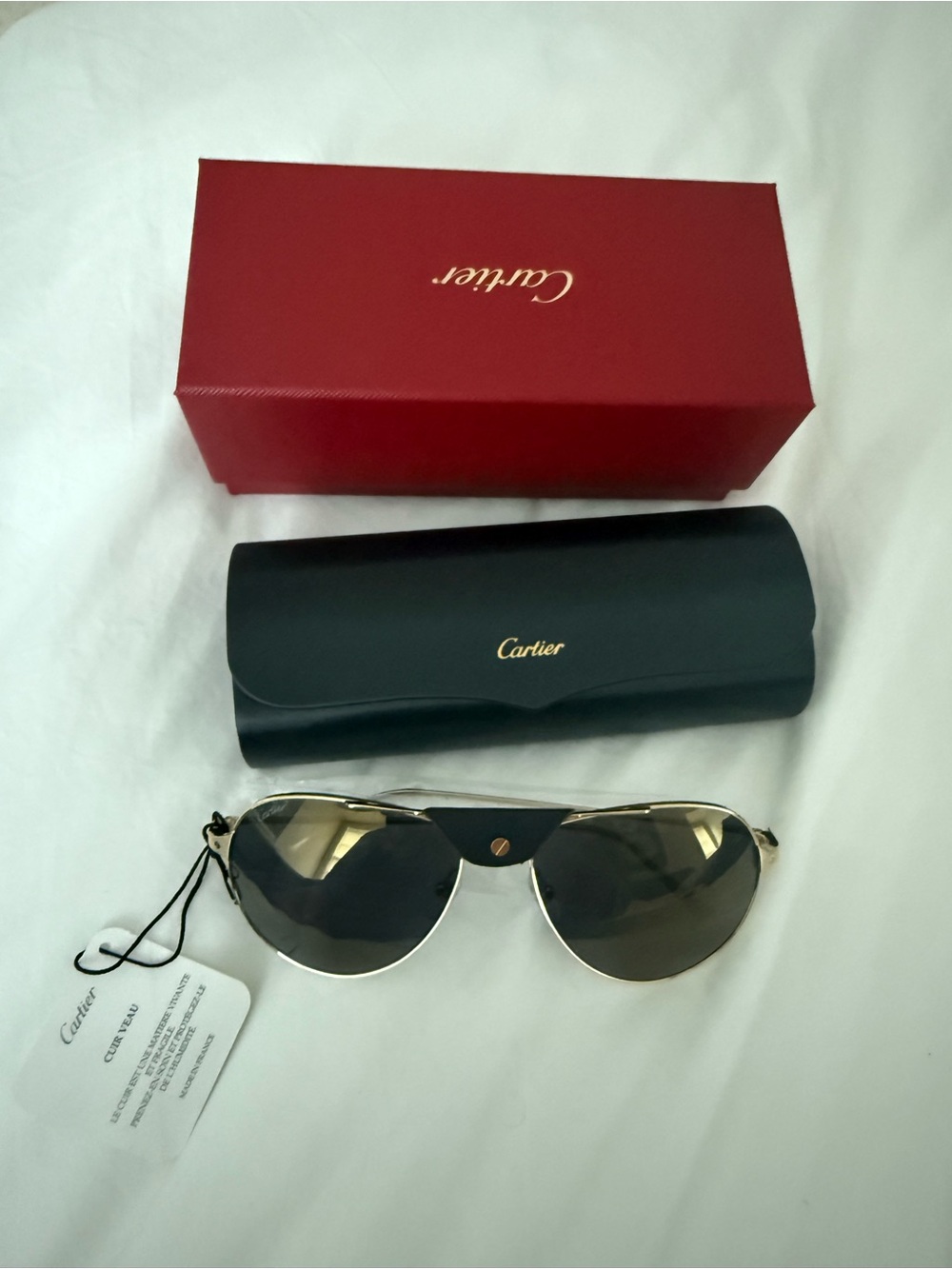Cartier Gold Aviator Sunglasses with Black Case and Red Box